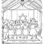 דף צביעה ילדים שרים בסוכה להדפסה